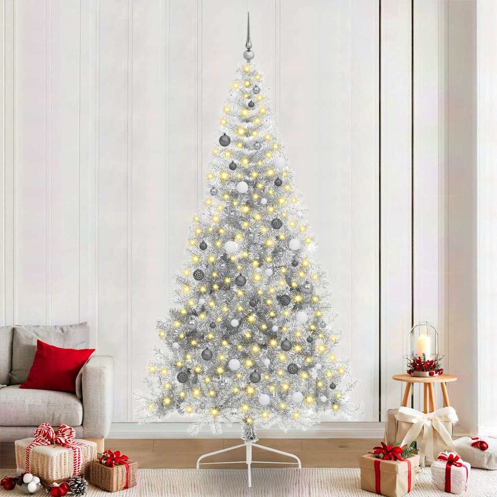 Sapin de noël artificiel argenté 240 cm, kit complet avec 120 boules et guirlande 300 led