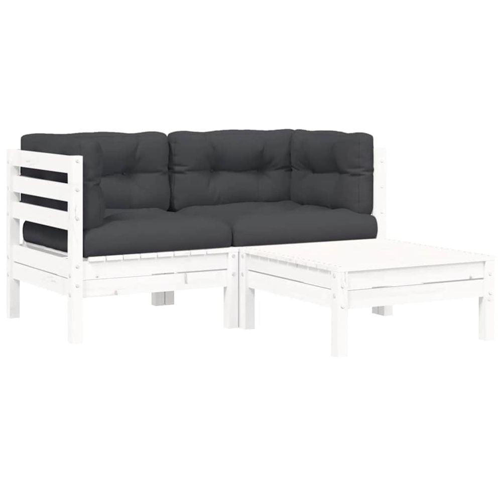 Salon de jardin 3 pcs avec coussins blanc bois de pin massif
