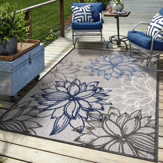 Tapis extérieur 120x170 tissé kilim gris et bleu chimeko