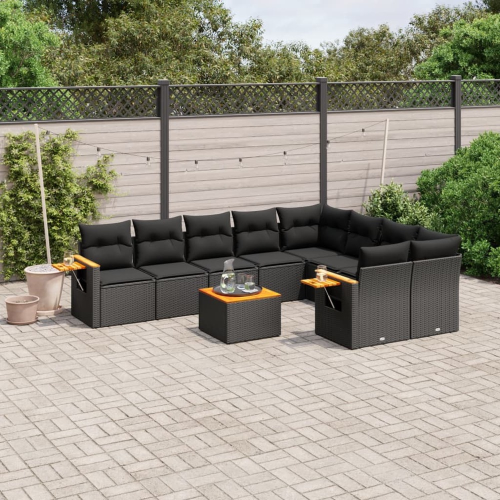 Salon de jardin 10 pcs avec coussins noir résine tressée