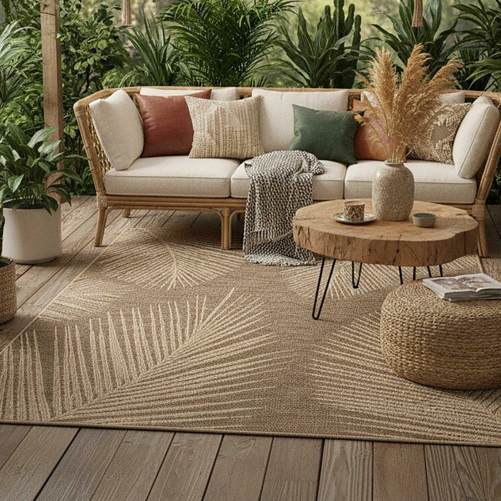 Tapis extérieur intérieur 240x340 lyn13 reza aspect jute motif feuilles