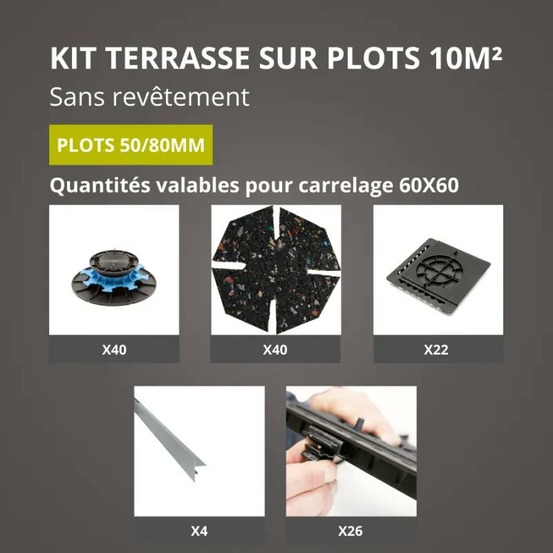Kit terrasse sur plots sans revêtement 10m² - finition gris aluminium - 50/80 mm - jouplast