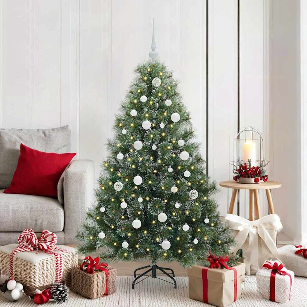Sapin de noël artificiel réaliste 150 cm vert, décoré avec 150 led et 61 boules