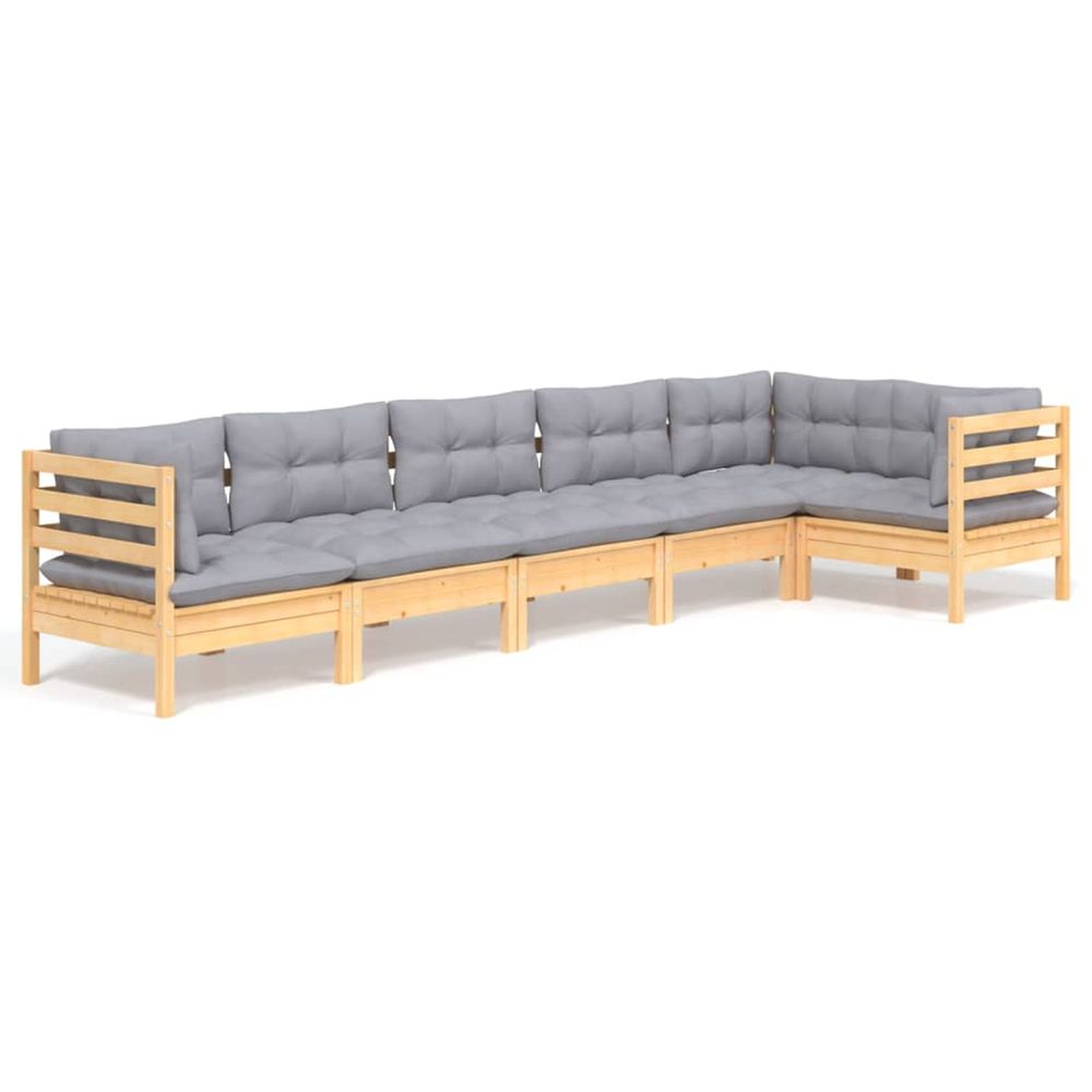 Salon de jardin 6 pcs avec coussins gris bois de pin