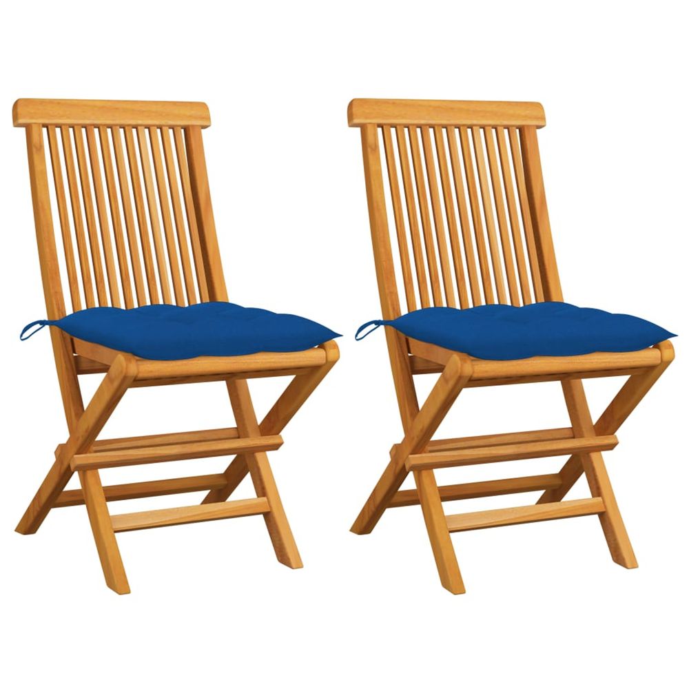 Chaises pliantes avec coussins bleus, 2 pièces, en teck massif