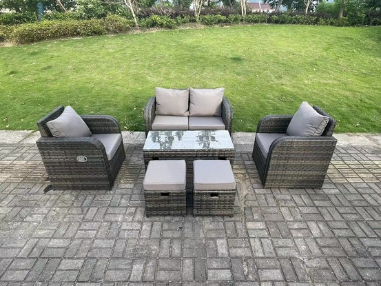 Ensemble de meubles de jardin en rotin ave canapé d'amour table basse chaises inclinable 2 tabourets mélange gris foncé