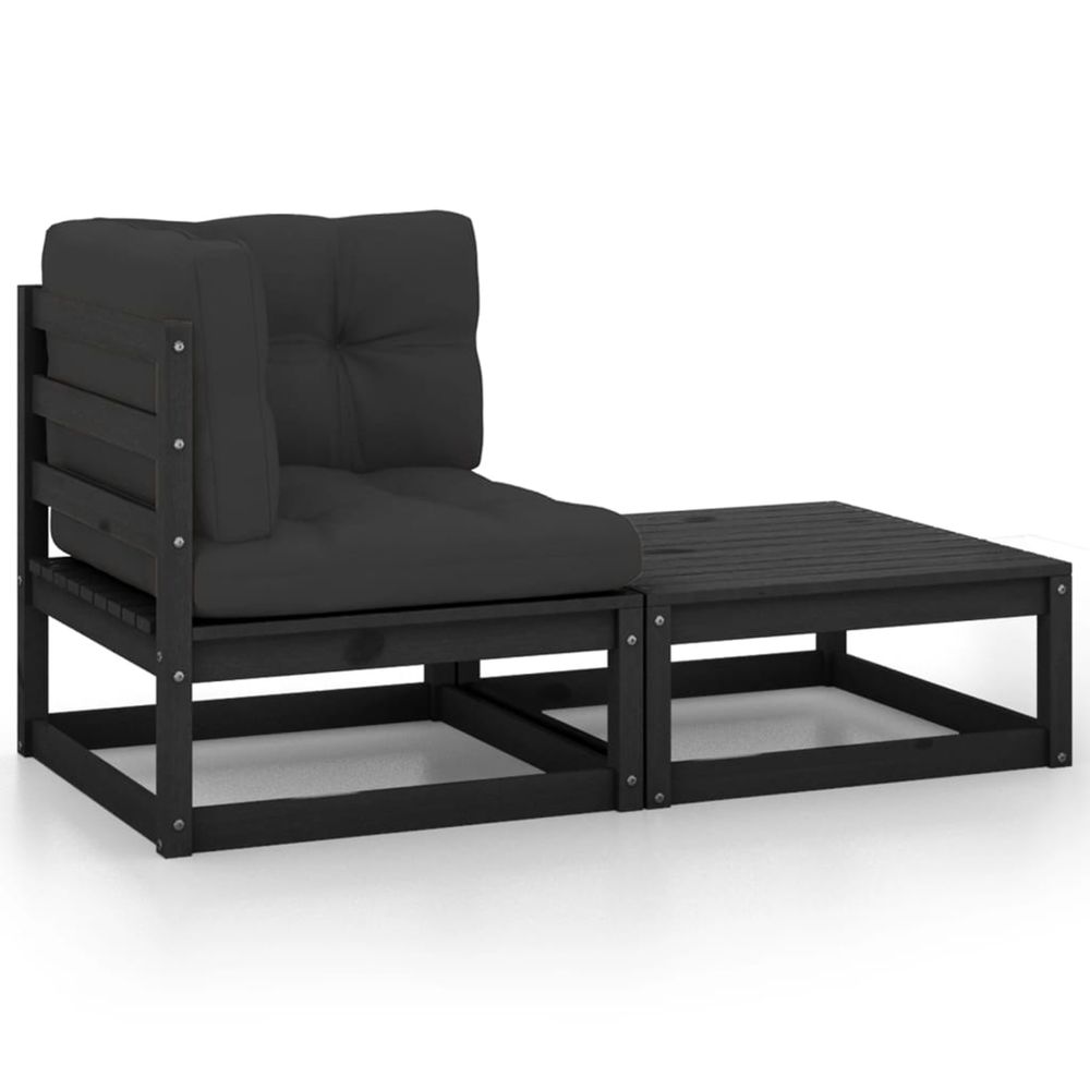 Salon de jardin 2 pcs avec coussins noir bois de pin massif