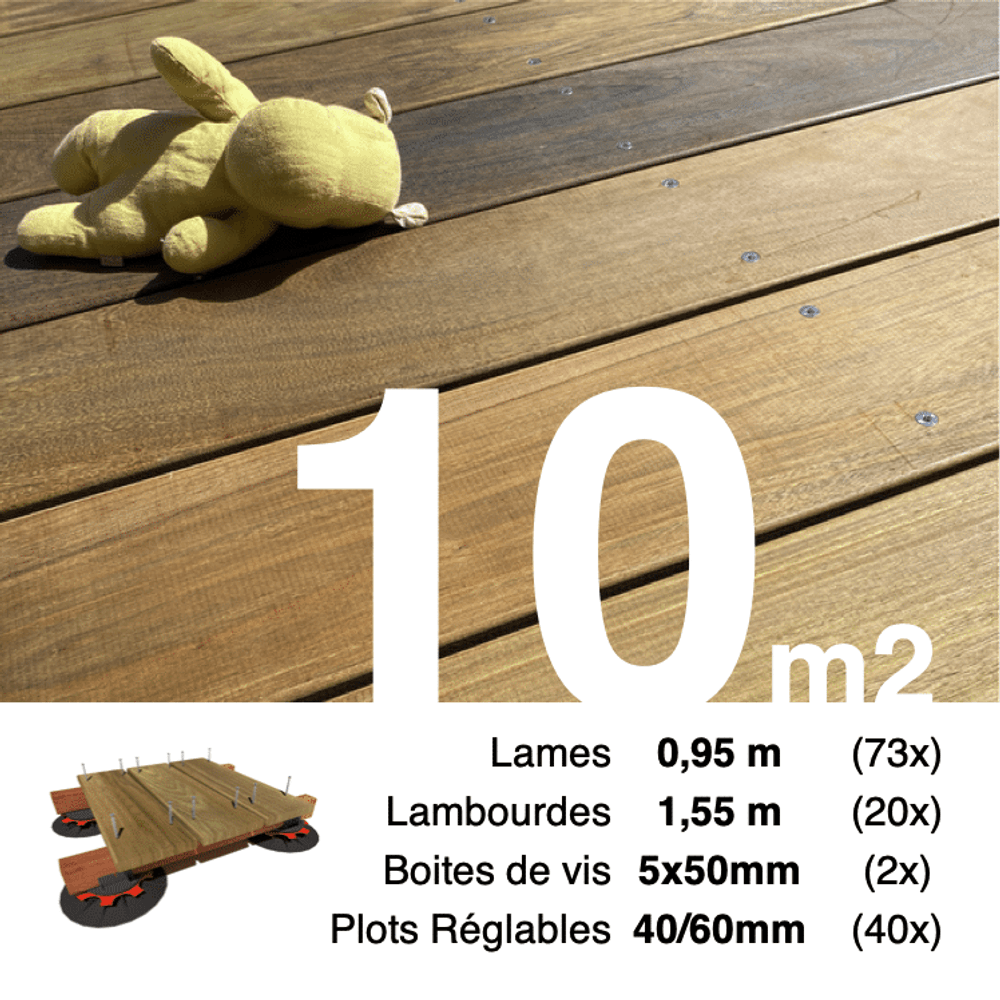 Kit complet terrasse bois exotique ipe pour 10 m², lames 0,95 m, lambourdes 1,55 m, plots réglables et visserie inox.