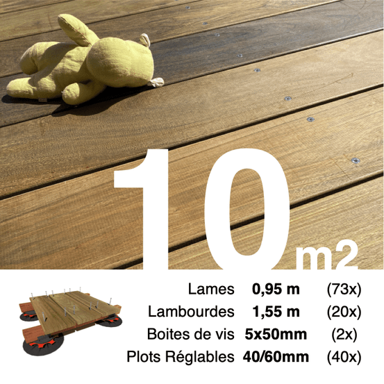 Kit complet terrasse bois exotique ipe pour 10 m², lames 0,95 m, lambourdes 1,55 m, plots réglables et visserie inox.