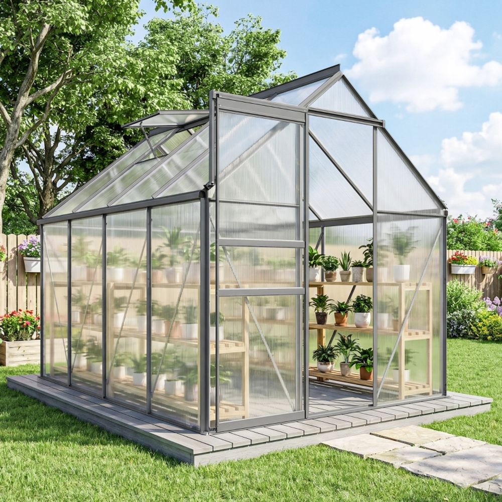 Serre de jardin polycarbonate aluminium 190 x 253 cm gris foncé avec porte coulissante - comfortxl outdoor living