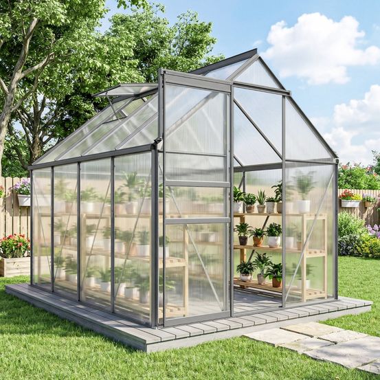 Serre de jardin polycarbonate aluminium 190 x 253 cm gris foncé avec porte coulissante - comfortxl outdoor living