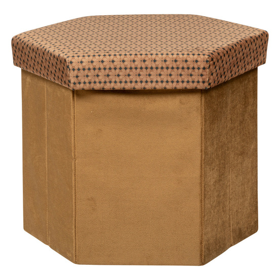 Pouf pliant et coffre de rangement en velours marron caramel avec motifs
