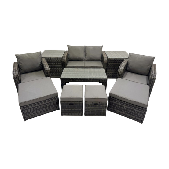 Ensemble de meubles de jardin en polyrotin avec table basse rectangulaire canapé d'amour 2 tables d'appoint 3 tabourets