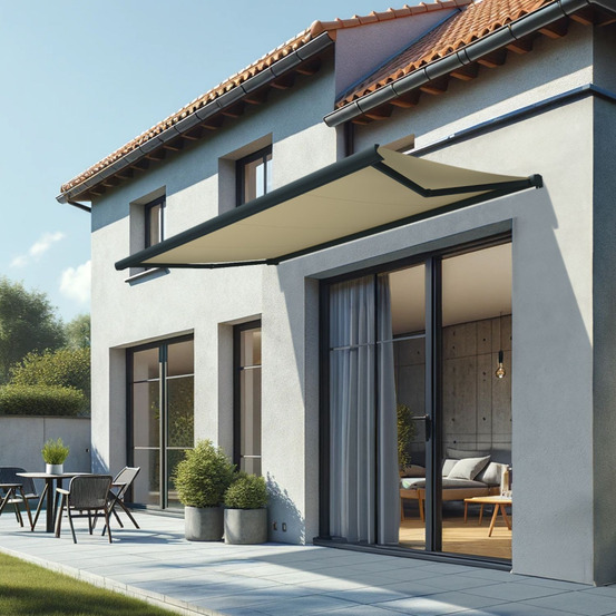 Store banne coffre intégral cinabre 3,00x2,00 m (motorisé à télécommande - gris anthracite stucturé ral7016st - écru)