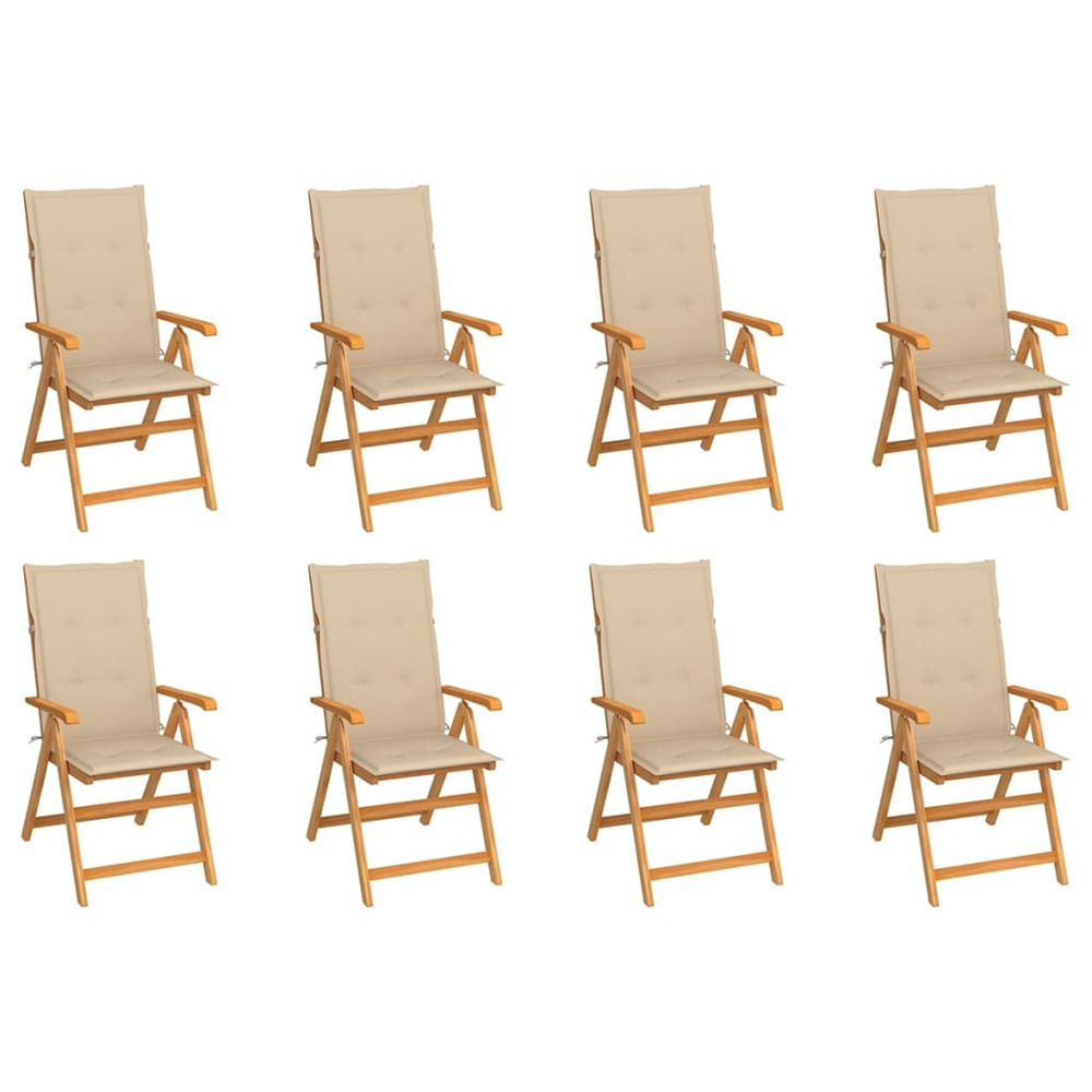 Chaises inclinables de jardin et coussins lot de 8 teck solide