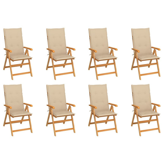 Chaises inclinables de jardin et coussins lot de 8 teck solide