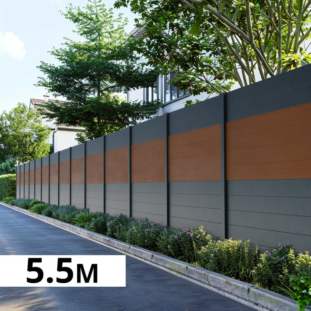 Kit clôture aluminium bahia & cruz teck 5,5x1,8m - bois composite & aluminium - poteaux gris - brise vue - palissade