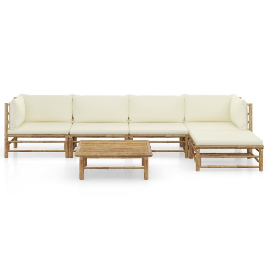 Salon de jardin 6 pcs avec coussins blanc crème bambou