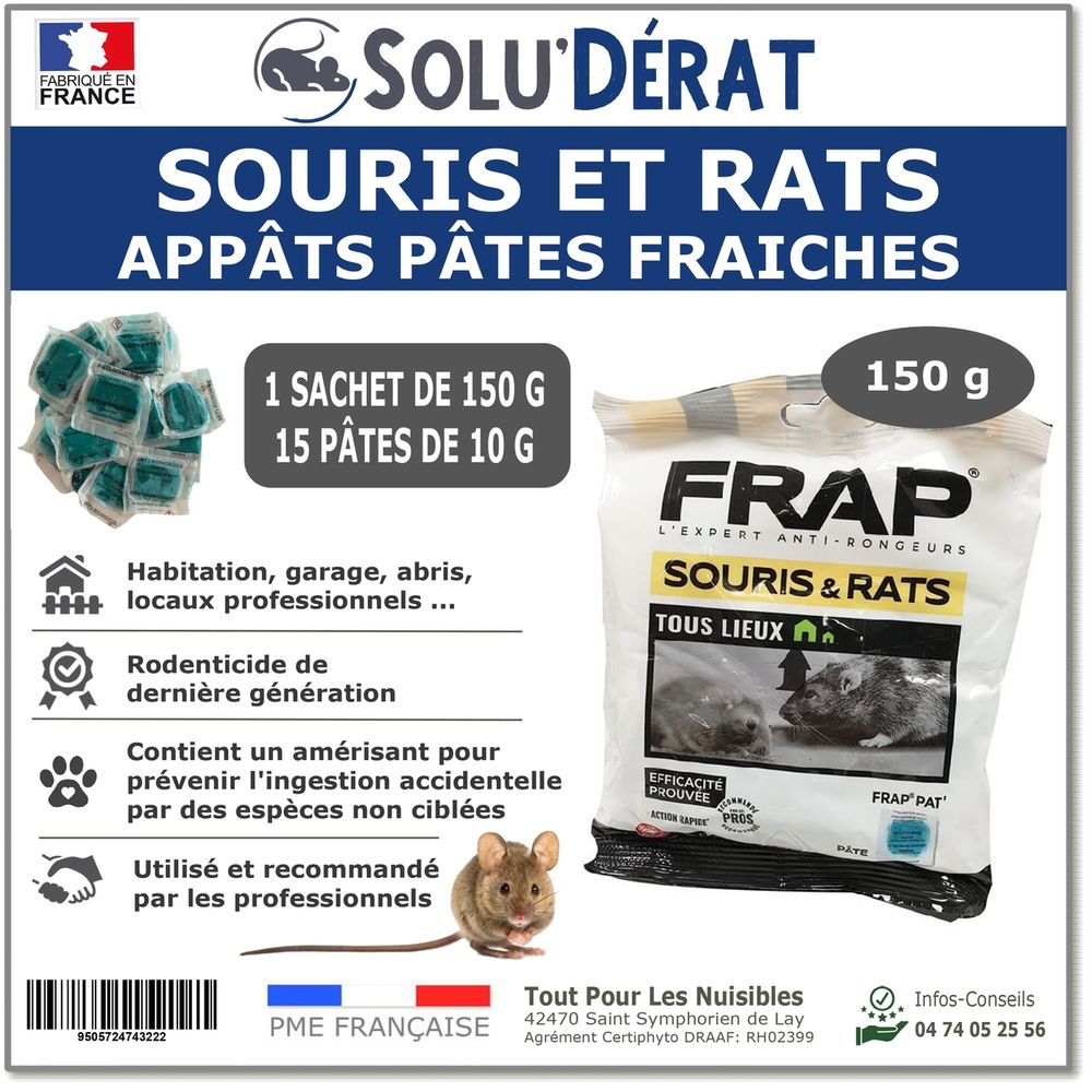 Solu'derat appâts pâtes fraîches rats & souris - sachet 150 g / 15 pâtes - rodenticide au diféthialone 0,0025 %