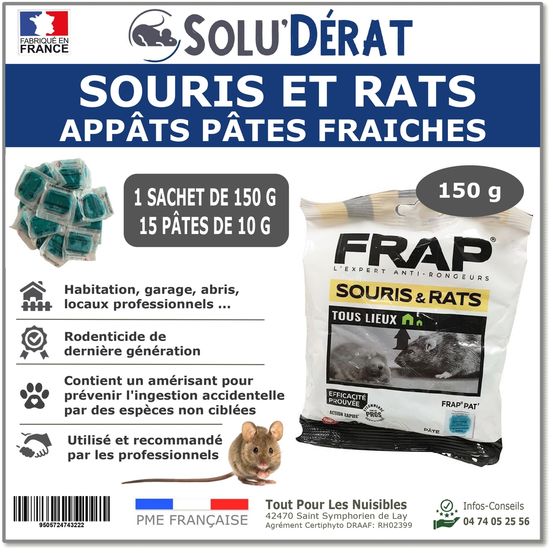 Solu'derat appâts pâtes fraîches rats & souris - sachet 150 g / 15 pâtes - rodenticide au diféthialone 0,0025 %