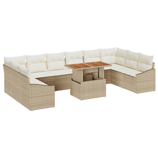 Ensemble de salle à manger de jardin de 11 pièces avec coussins beige poly rattan acacia