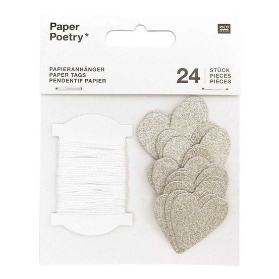 24 étiquettes à suspendre petits coeurs à paillettes