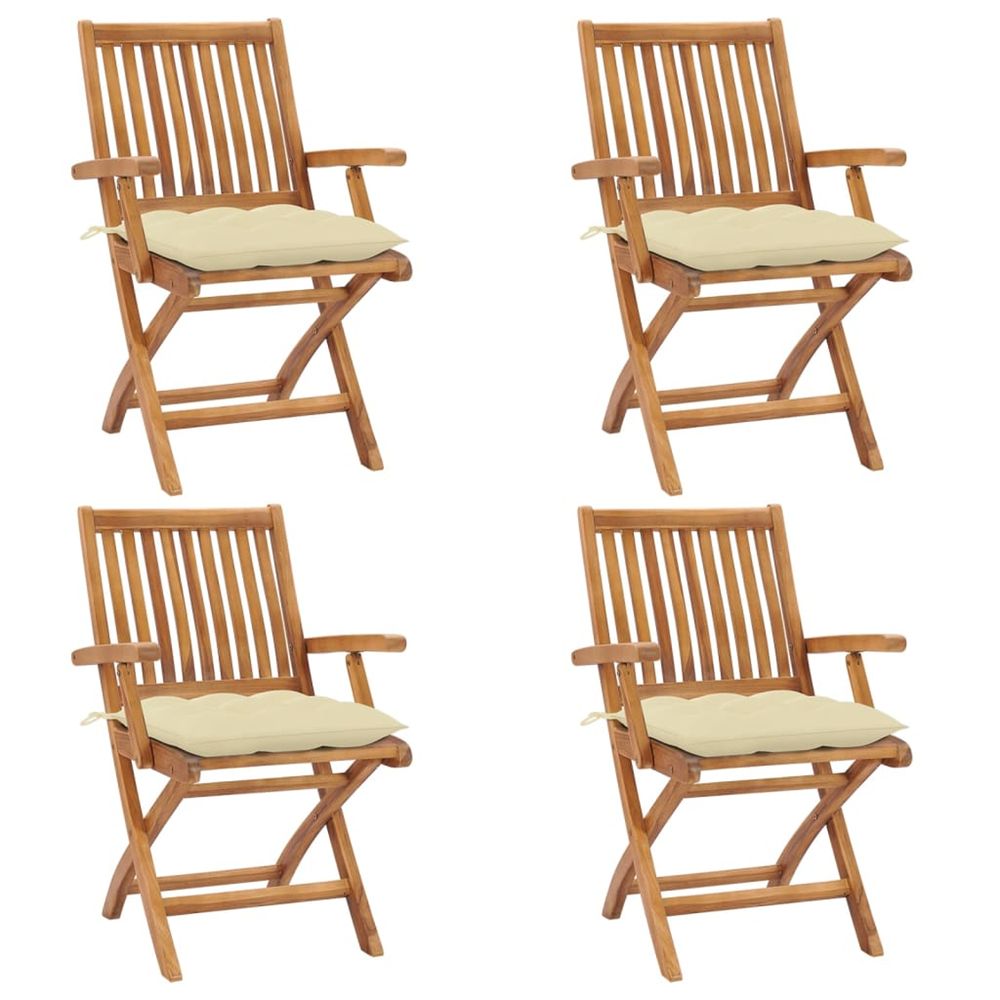 Chaises pliantes avec coussins, 4 pièces, en teck massif