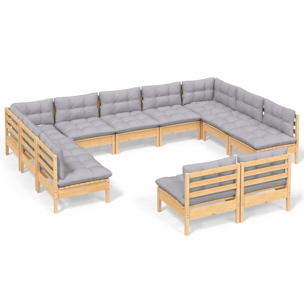 Salon de jardin 11 pcs avec coussins gris bois de pin solide