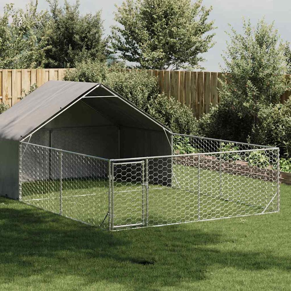 Chenil extérieur pour chien en acier galvanisé avec abri 6x3x1,9 m