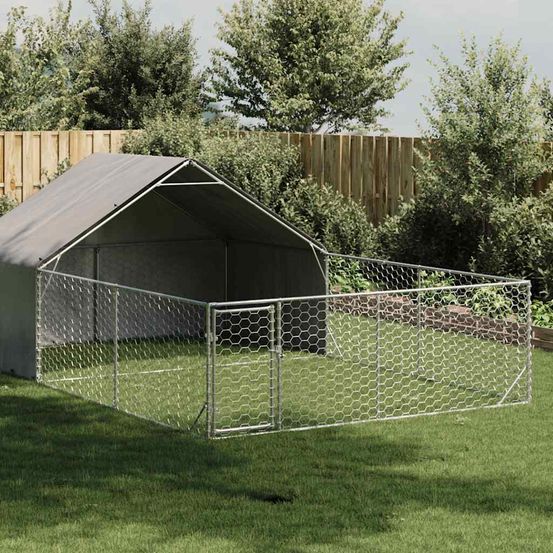 Chenil extérieur pour chien en acier galvanisé avec abri 6x3x1,9 m