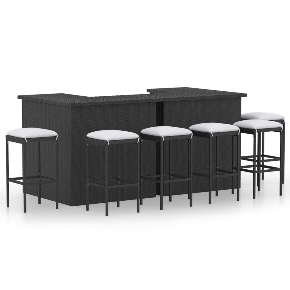 Meuble de bar de jardin 8 pièces avec coussins résine tressée noir