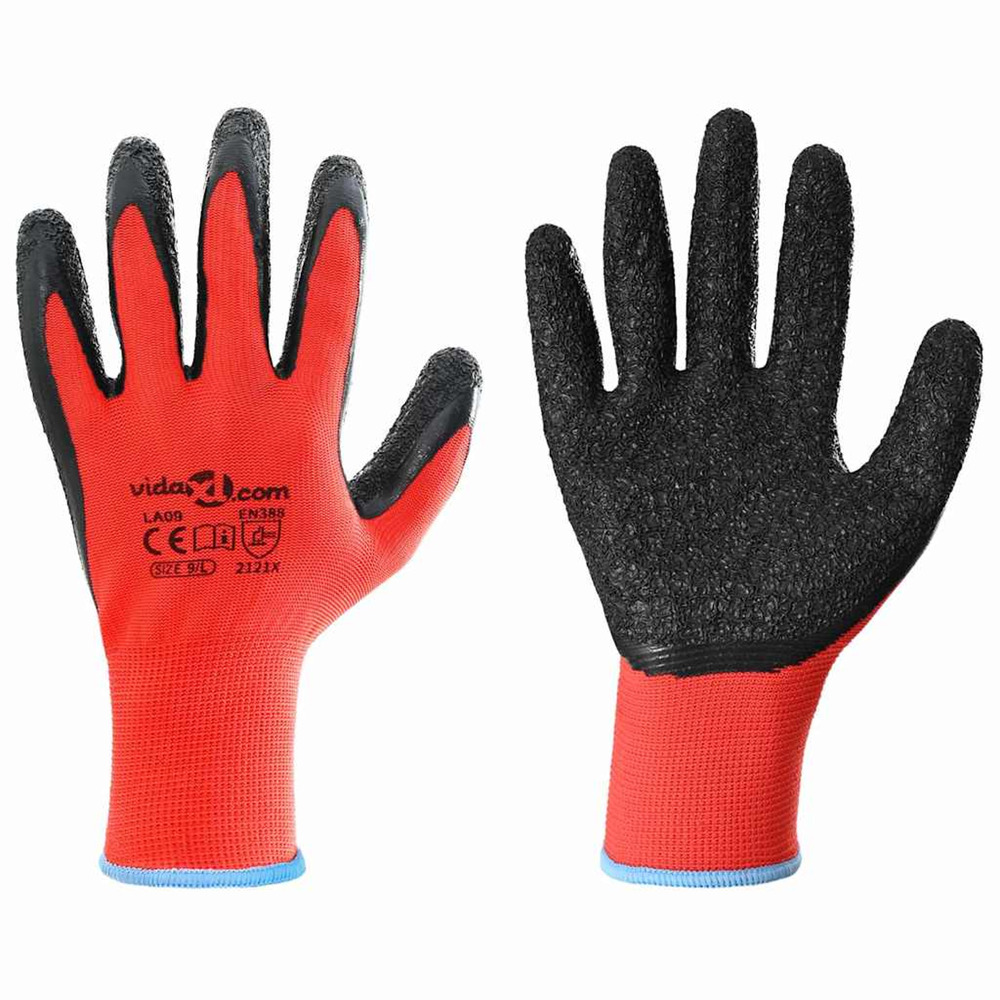 Gants de travail 12 pcs rouge et noir 9 / l revêtement en latex