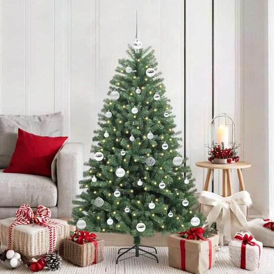Sapin de noël artificiel lumineux 150 cm, kit complet avec led, 61 boules et support métal