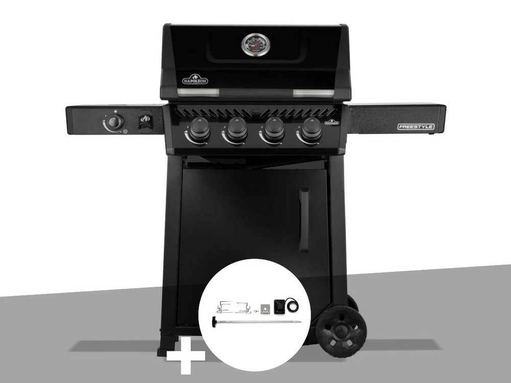 Barbecue gaz freestyle 425 noir 4 brûleurs + 1 réchaud latéral + rôtissoire