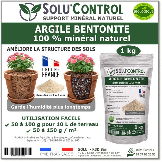 Solu'control argile bentonite naturelle 1 kg – support minéral jardin – améliore la rétention en eau des sols et terreaux