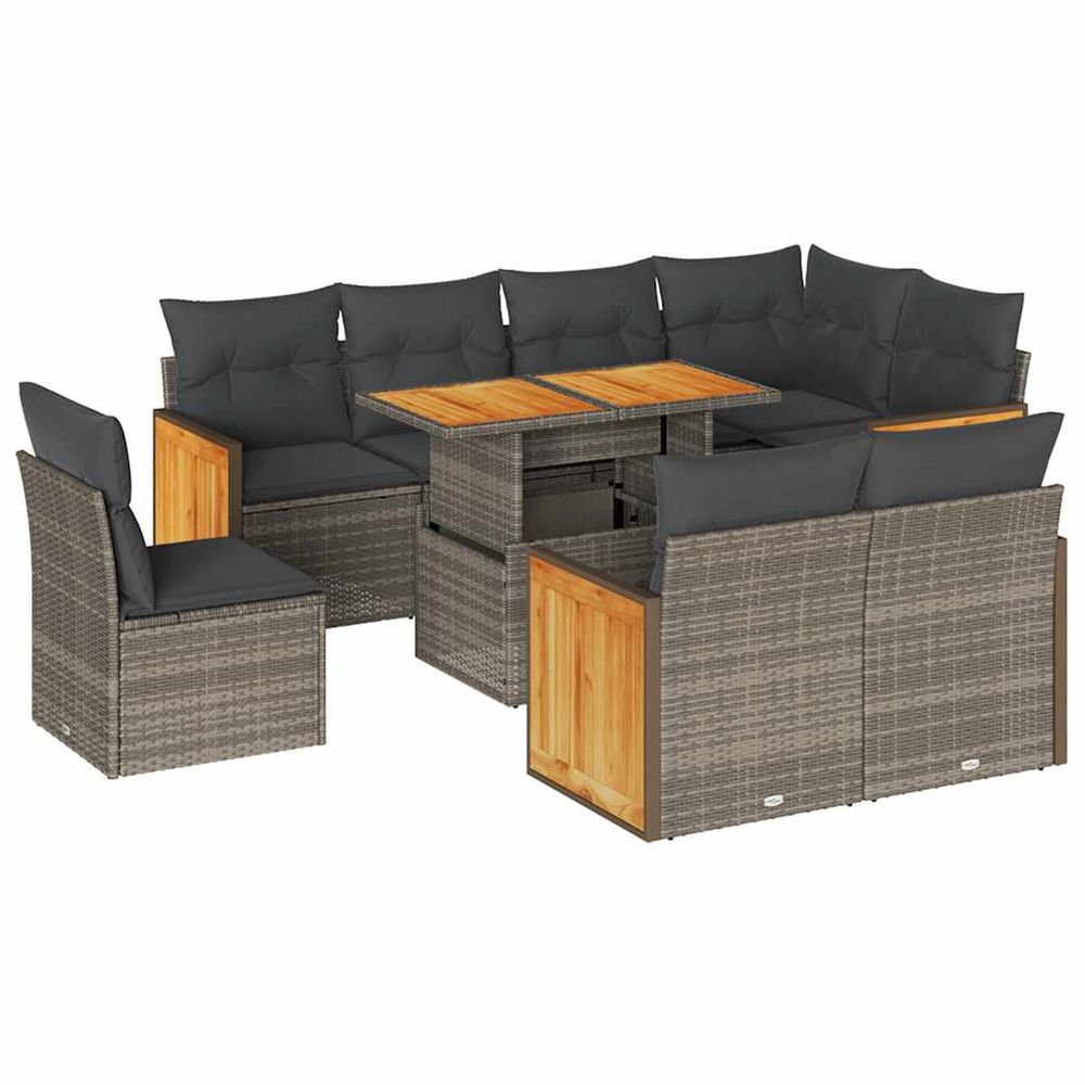 Salon de jardin avec coussins 9 pcs gris résine tressée acacia
