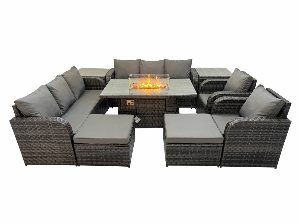 Ensemble repas de jardin exterieur table de foyer à gaz chaise inclinable canapé 3 places et avec table d'appoint 10 places