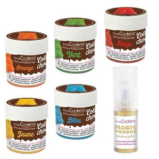 5 colorants liposolubles bleu-jaune-rouge-vert-orange + 1 poudre alimentaire irisée dorée