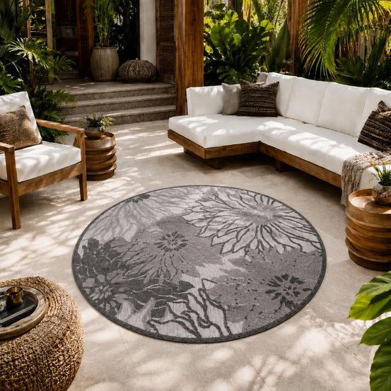 Tapis rond d'extérieur ø150cm tissé kilim gris clair chimeka