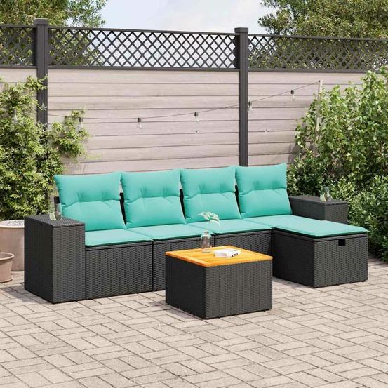 Salon de jardin 6 pcs avec coussins noir résine tressée