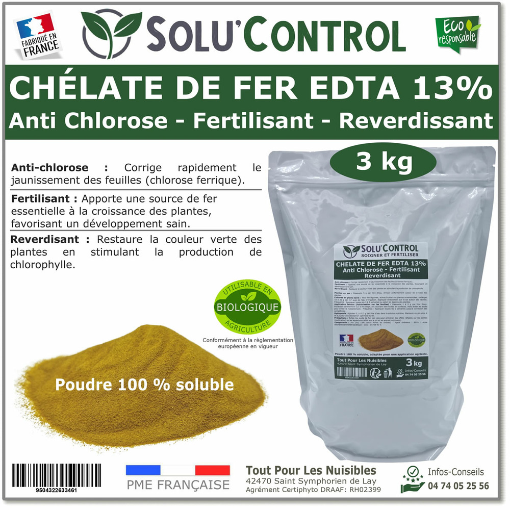 Solu'contrôl chélate de fer edta 13%, anti-chlorose, fertilisant, reverdissant, 3 kg