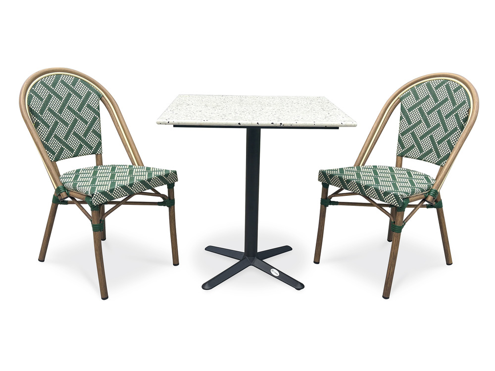 Ensemble bistro plateau effet marbre et assise textilène vert et blanc