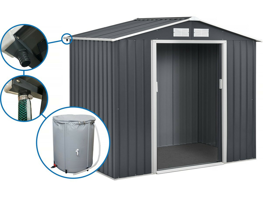 Abri de jardin métal - "vegas"- 4.07 m² avec gouttière et récupérateur d'eau - gris