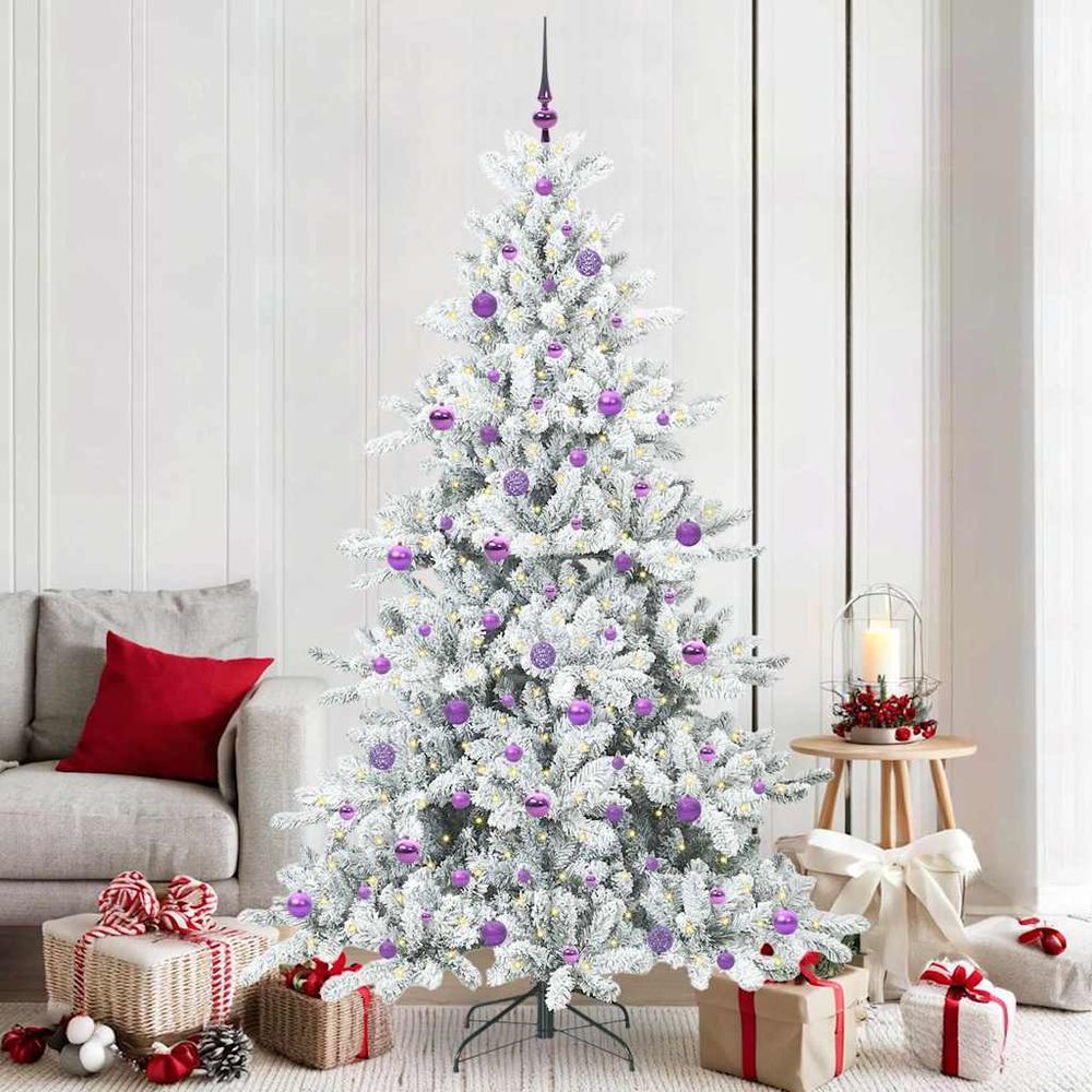 Sapin de noël design blanc 210 cm, kit lumineux 8 modes d'éclairage et 120 boules
