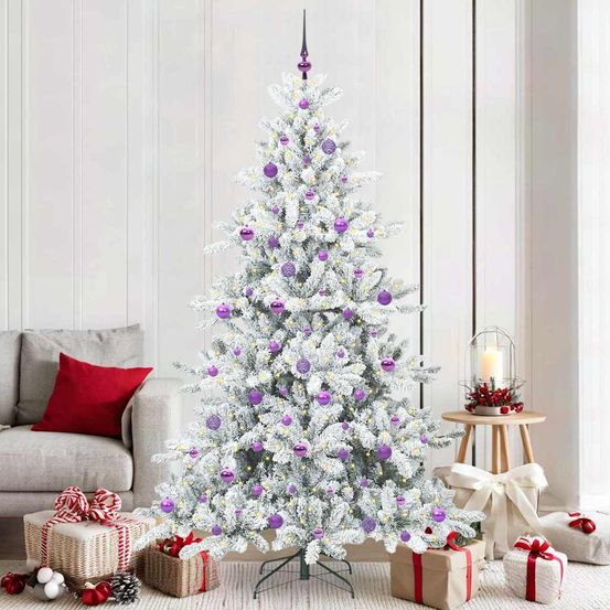 Sapin de noël design blanc 210 cm, kit lumineux 8 modes d'éclairage et 120 boules