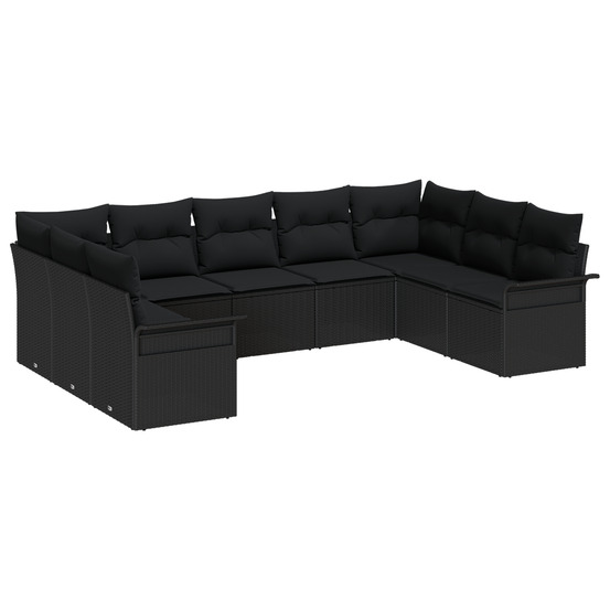 Ensemble de 9 canapés de jardin avec coussins en rattan noir poly