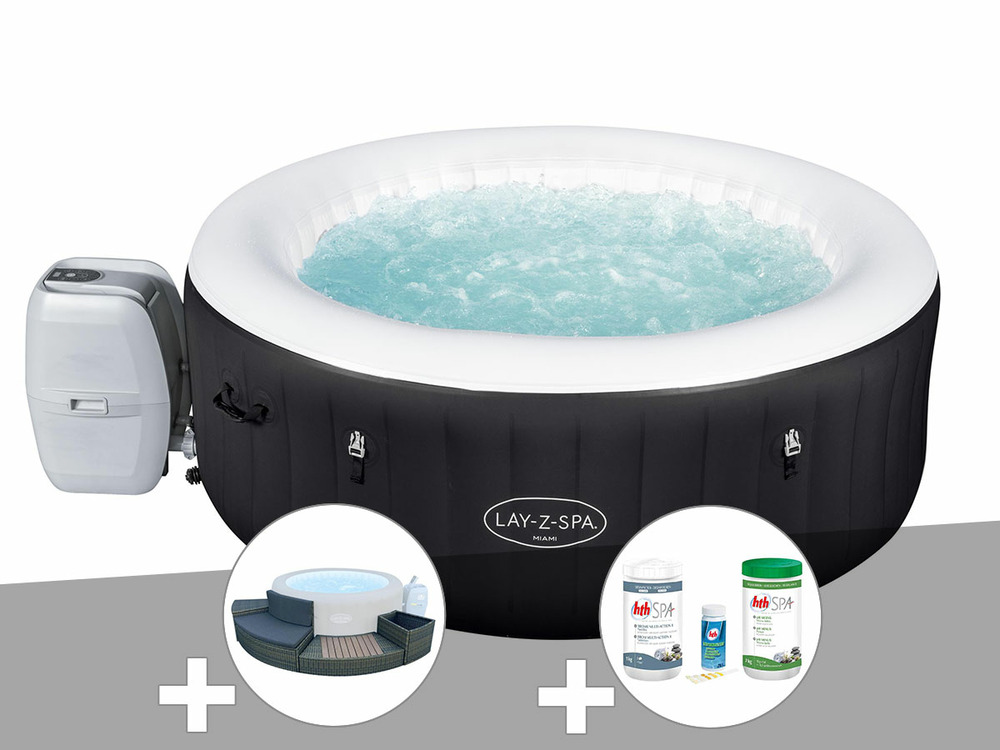 Kit spa gonflable lay-z-spa miami rond airjet 4 places + ensemble mobilier 4 mo