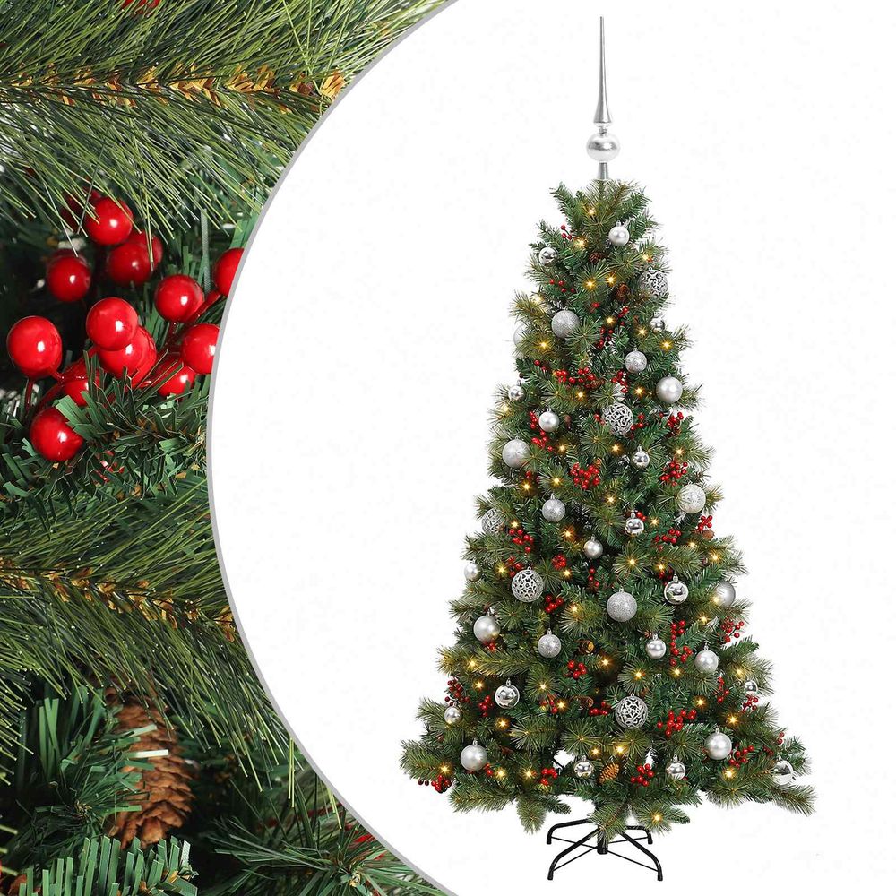 Sapin de noël artificiel avec boules 150 cm 150 led blanc chaud