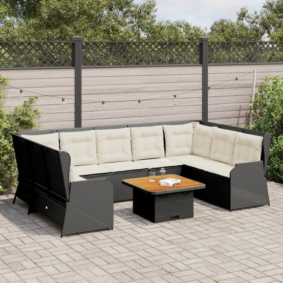 Salon de jardin 7 pcs avec coussins noir résine tressée