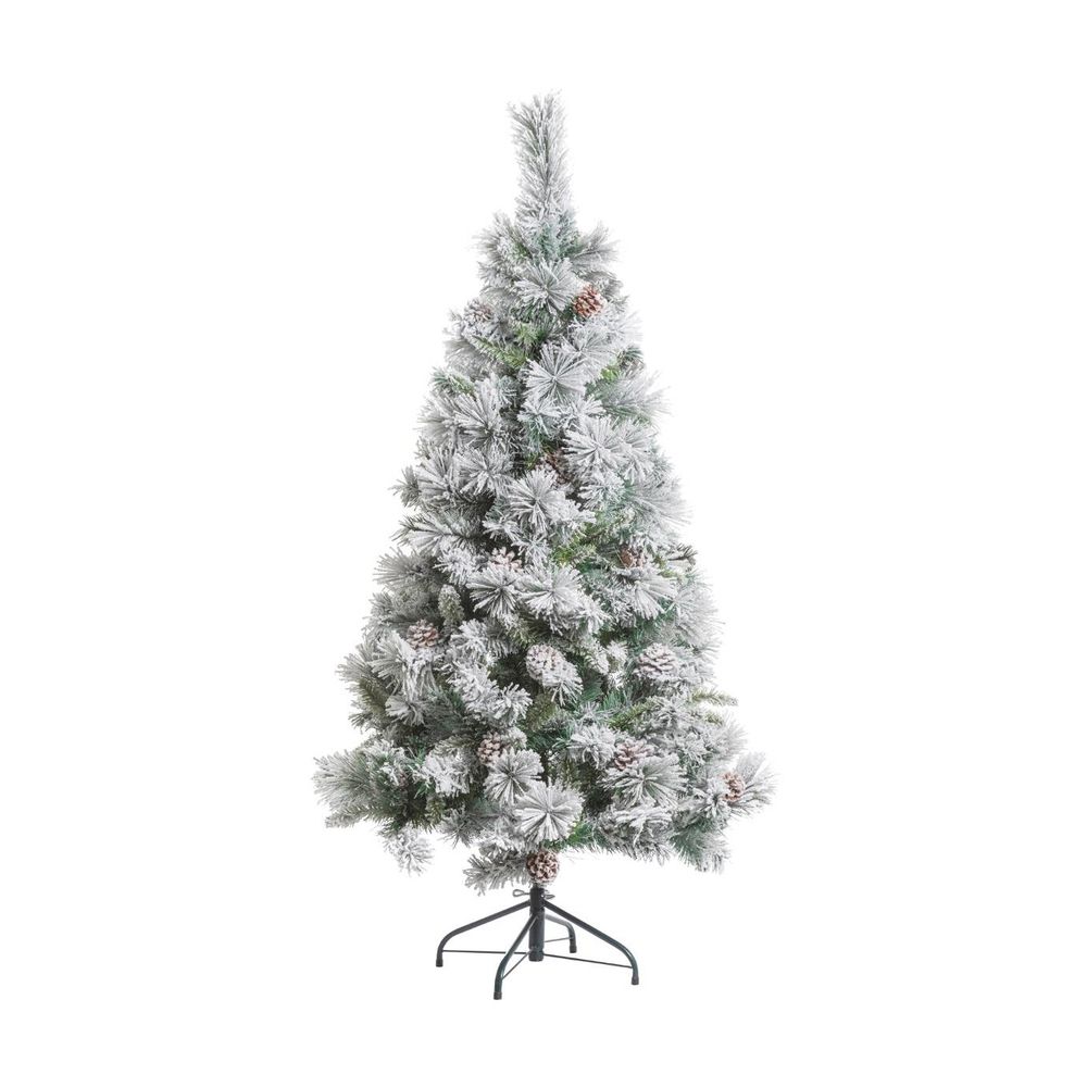 Sapin de noël artificiel vert floqué enneigé et pommes de pin h 210 cm